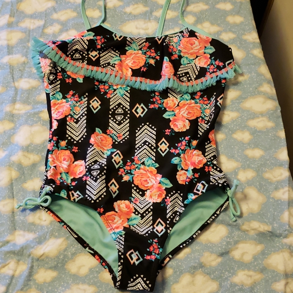 Rose pattern girls/youth one piece swimsuit